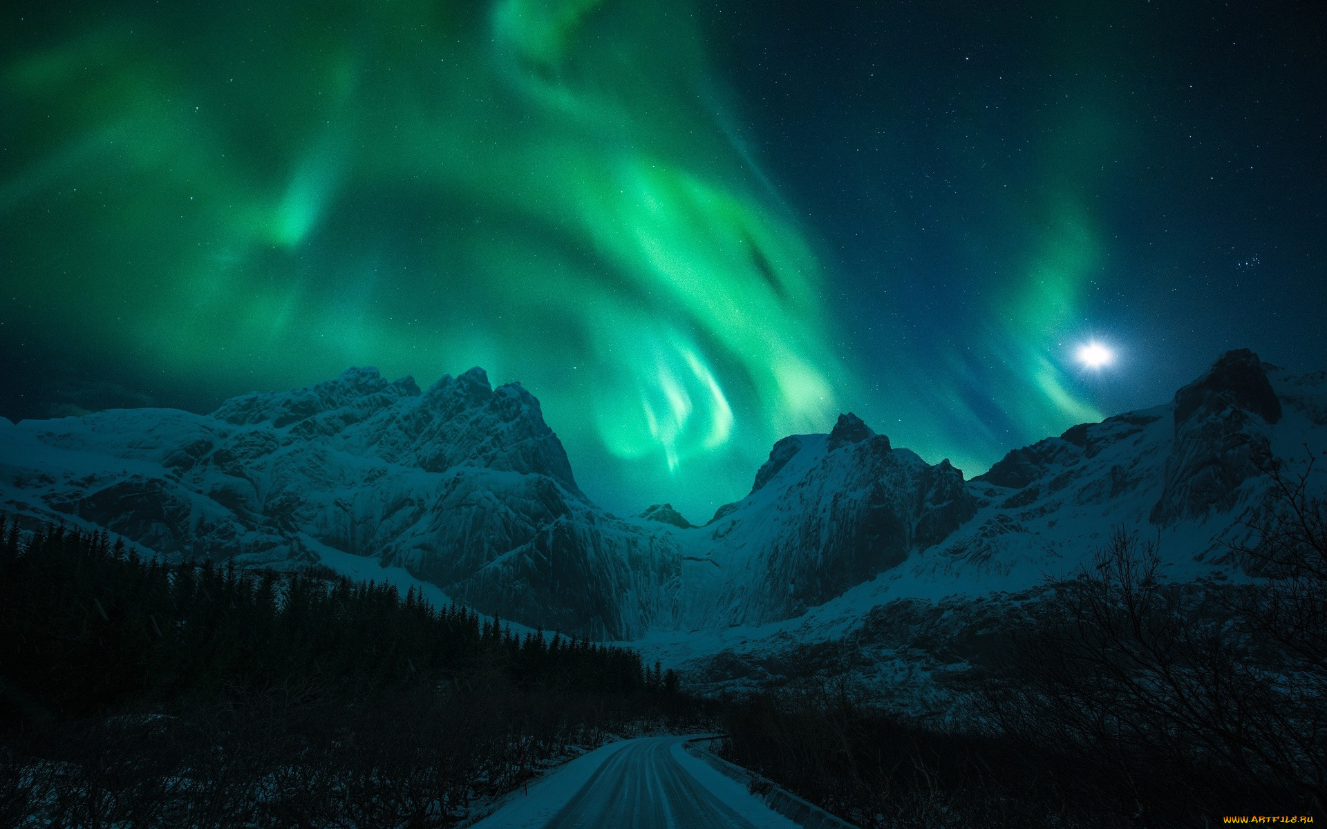 ,  , night, the, moon, road, northern, lights, winter, mountains, light, snow